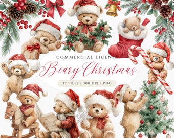 May include: Watercolor illustrations of teddy bears in Santa hats and festive attire, surrounded by Christmas decorations. The image includes the text "Beary Christmas" and other details about the product.