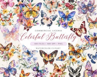 Colorful Butterfly Clipart, Butterflies and Flowers, Floral Butterfly PNG, Spring Clipart, Pastel Butterfly, Watercolor Butterfly Clipart