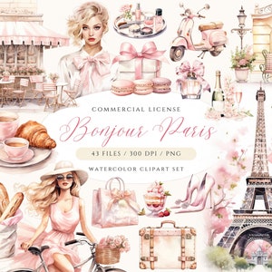 Clipart Parigi acquerello, PNG Bonjour Paris, PNG Torre Eiffel, Clipart di viaggio, Clipart Parigi Francia, Illustrazioni rosa di Parigi, Moda