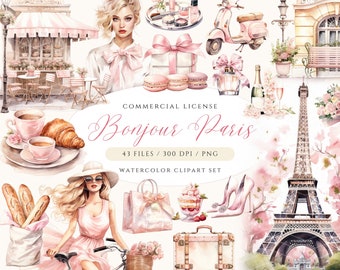 Clipart Paris aquarelle : Tour Eiffel, illustrations de mode (téléchargement numérique PNG)