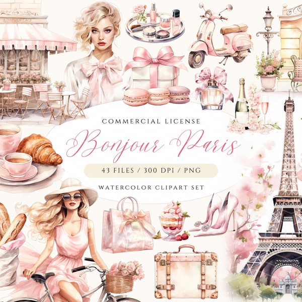 Aquarelle Paris Clipart, Bonjour Paris PNG, Tour Eiffel PNG, Clipart voyage, Clipart Paris France, illustrations Paris rose, mode