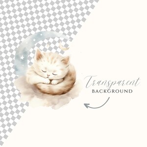 May include: A watercolor illustration of a white and brown cat curled up asleep on a cloud with a crescent moon and stars in the background. The text "Transparent Background" is written below the cat.