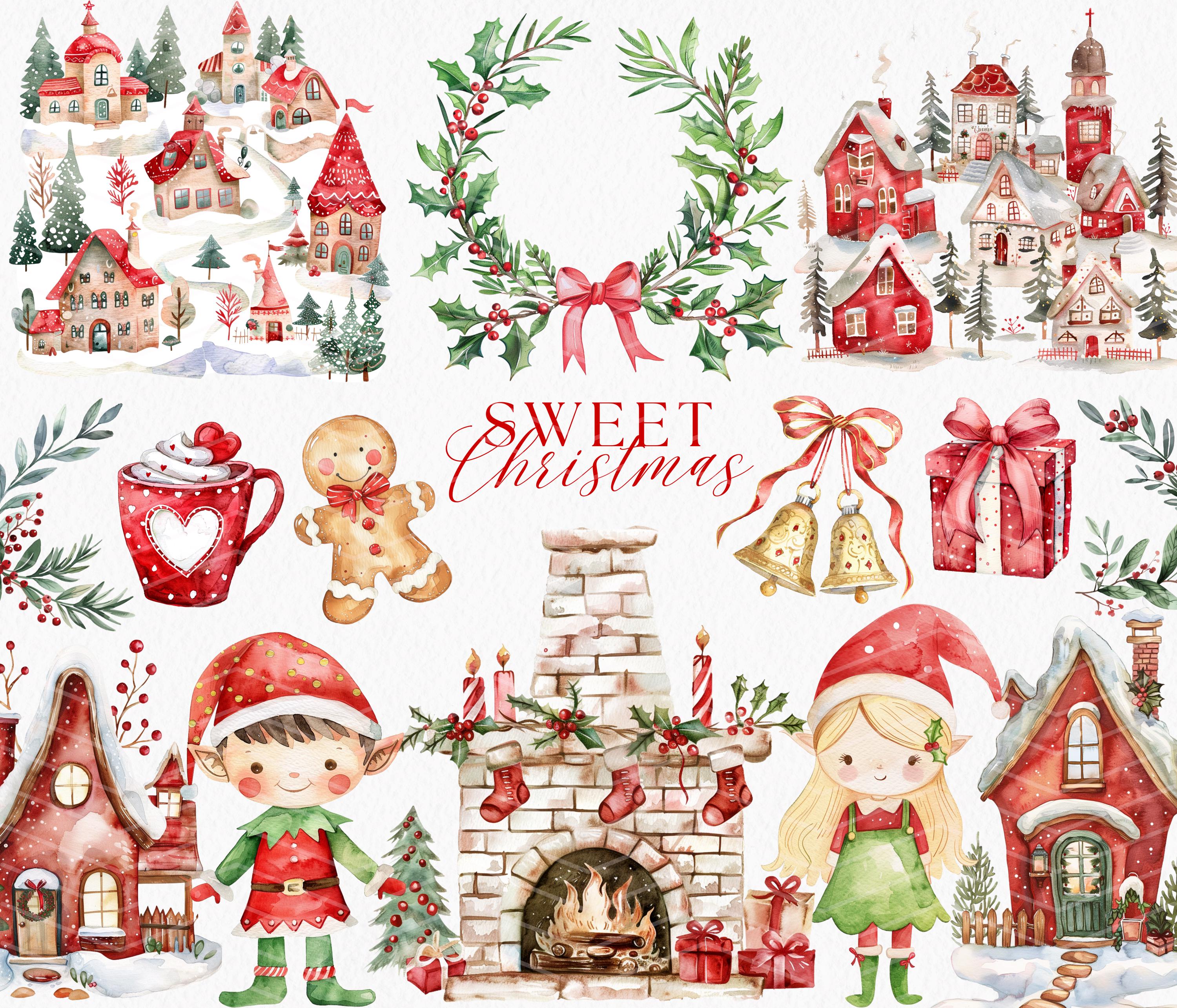 Watercolor Christmas Clipart Bundle: Santa's Village, Reindeer, Elf ...
