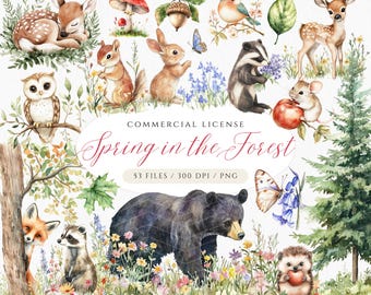 Watercolor Spring Woodland Clipart: Animals, Forest Wreath (PNG, Digital Download)
