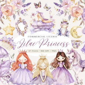 Aquarel lila prinses clipartbundel, kleine prinses png, kasteel clipart, eenhoorn png, koninklijke clipart, paarse prinses, sterrenhemel