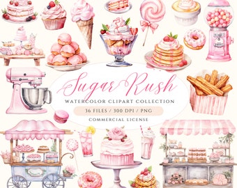 Watercolor Sweets Clipart: Bakery, Cupcake, Candy PNG (Digital Download)