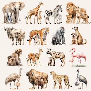 May include: Watercolor illustration of various animals, including a giraffe, zebra, lion, tiger, elephant, monkey, cheetah, hyena, flamingo, ostrich, and a buffalo. The animals are depicted in a realistic style with vibrant colors.