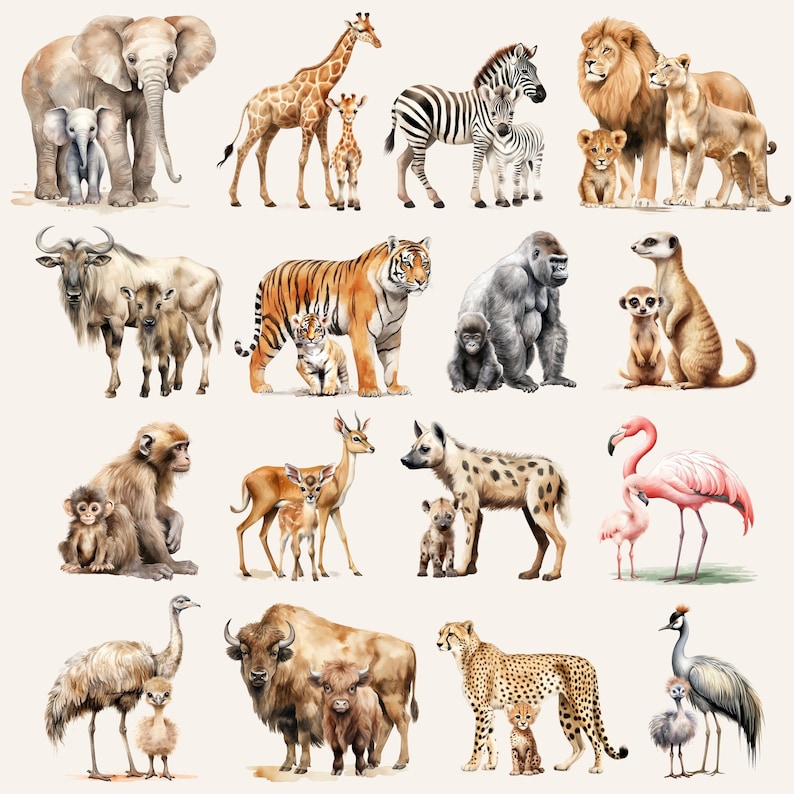 May include: Watercolor illustration of various animals, including a giraffe, zebra, lion, tiger, elephant, monkey, cheetah, hyena, flamingo, ostrich, and a buffalo. The animals are depicted in a realistic style with vibrant colors.