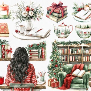 Pode incluir: Uma ilustra&ccedil;&atilde;o em aquarela de uma cena aconchegante de inverno com uma mulher lendo um livro em uma poltrona perto de uma lareira. H&aacute; uma &aacute;rvore de Natal decorada com enfeites e uma estante cheia de livros. A ilustra&ccedil;&atilde;o tamb&eacute;m inclui um bule, uma x&iacute;cara de ch&aacute;, uma vela e uma pilha de livros.