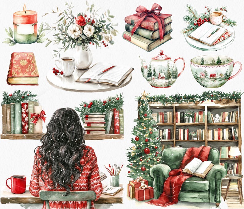 Pode incluir: Uma ilustra&ccedil;&atilde;o em aquarela de uma cena aconchegante de inverno com uma mulher lendo um livro em uma poltrona perto de uma lareira. H&aacute; uma &aacute;rvore de Natal decorada com enfeites e uma estante cheia de livros. A ilustra&ccedil;&atilde;o tamb&eacute;m inclui um bule, uma x&iacute;cara de ch&aacute;, uma vela e uma pilha de livros.