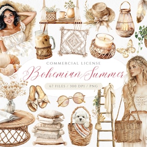 Clipart estate boho, Clipart planner boho, Vacanze al mare, Casa rustica, PNG vista mare, Clipart fiori boho, Acchiappasogni con paesaggio estivo