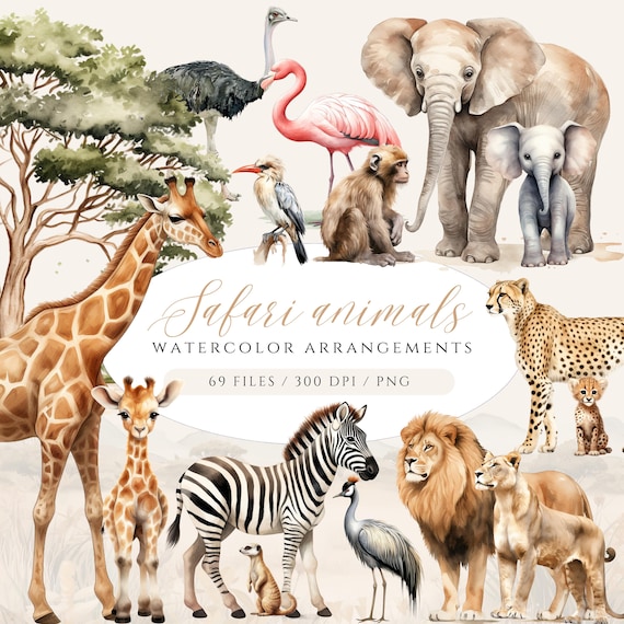 Watercolor Safari Animals Clipart: Baby & Adult PNG (Digital Download)