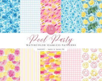 May include: A set of 14 digital watercolor seamless patterns for pool party themes. The patterns include lemons, gingham, stripes, water, and donuts.