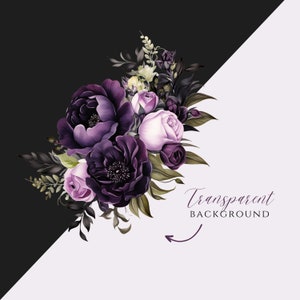 May include: A bouquet of dark purple and light purple flowers with green leaves on a black and white background. The text "Transparent Background" is written below the flowers.
