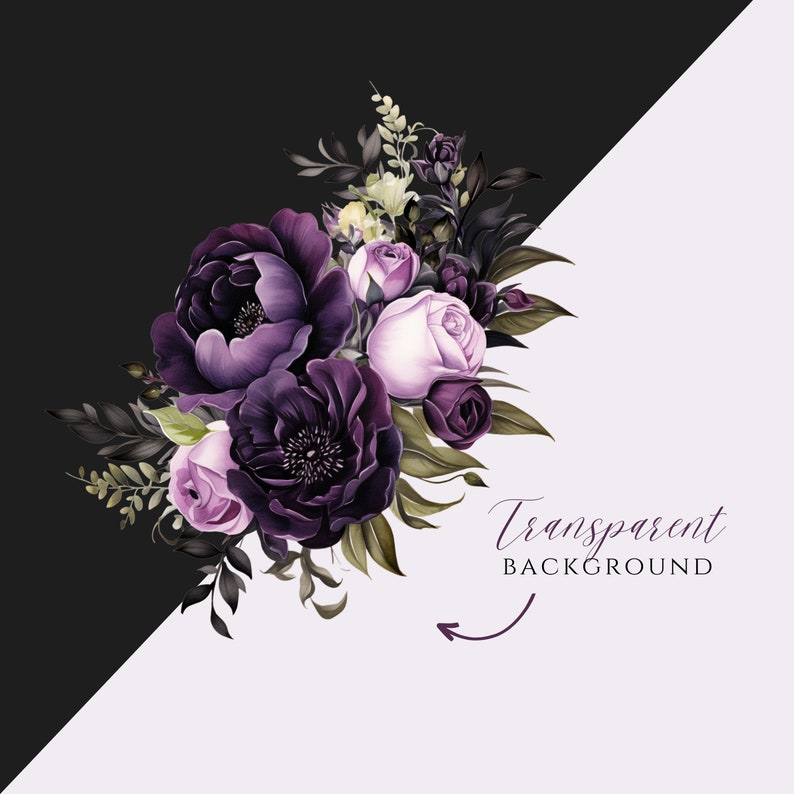 May include: A bouquet of dark purple and light purple flowers with green leaves on a black and white background. The text "Transparent Background" is written below the flowers.