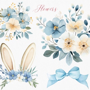 Pu&ograve; includere: Illustrazioni ad acquerello di fiori blu e bianchi, un paio di orecchie di coniglio e un fiocco blu. Il testo "Flowers" &egrave; scritto in corsivo nella parte superiore dell'immagine.