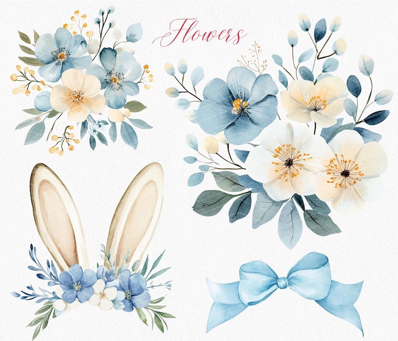 Pu&ograve; includere: Illustrazioni ad acquerello di fiori blu e bianchi, un paio di orecchie di coniglio e un fiocco blu. Il testo "Flowers" &egrave; scritto in corsivo nella parte superiore dell'immagine.