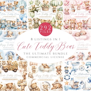 Mega Bundle Teddybär Clipart, Boho Teddybär, Aquarell Blauer Teddy PNG, Baby Shower Teddy Clipart Bundle, Sleepy Bears, Heißluftballon