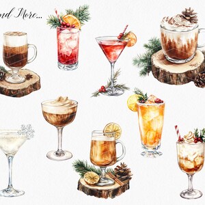 K&ouml;nnte beinhalten: Ein Set aus acht Aquarell-Illustrationen von Winter-Cocktails. Die Cocktails sind auf Holzscheiben mit Gr&uuml;nzweigen und Winterbeeren dargestellt. Die Cocktails umfassen einen wei&szlig;en Cosmopolitan, einen roten Cosmopolitan, ein wei&szlig;es KaffeGetr&auml;nk, ein braunes KaffeGetr&auml;nk, einen braunen Irish Coffee, ein gelbes ZitrusGetr&auml;nk, ein braunes KaffeGetr&auml;nk mit Schlagsahne und ein wei&szlig;es KaffeGetr&auml;nk mit Schlagsahne.