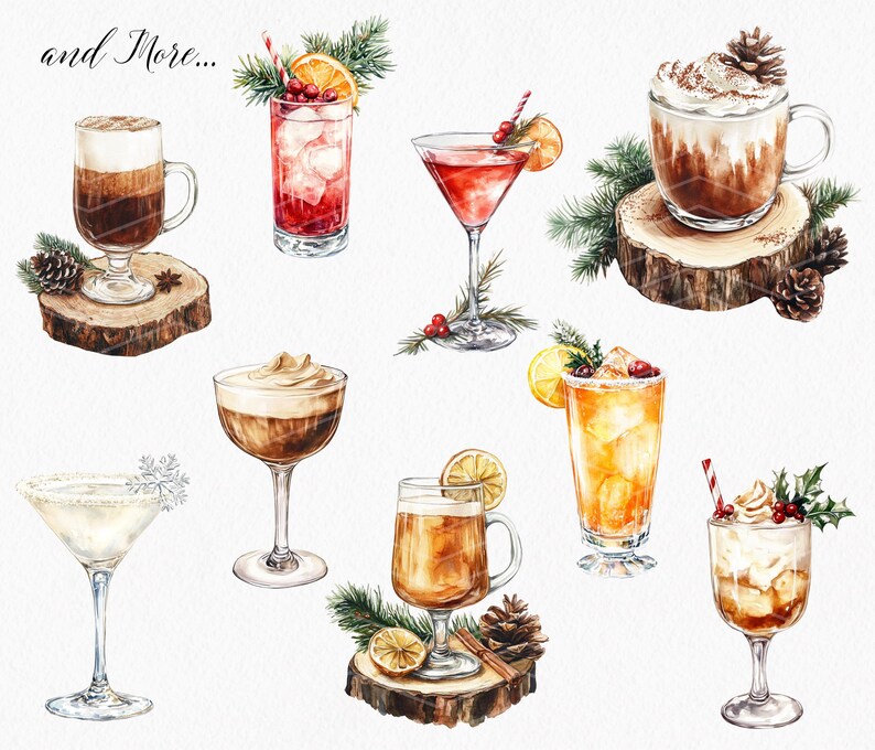 K&ouml;nnte beinhalten: Ein Set aus acht Aquarell-Illustrationen von Winter-Cocktails. Die Cocktails sind auf Holzscheiben mit Gr&uuml;nzweigen und Winterbeeren dargestellt. Die Cocktails umfassen einen wei&szlig;en Cosmopolitan, einen roten Cosmopolitan, ein wei&szlig;es KaffeGetr&auml;nk, ein braunes KaffeGetr&auml;nk, einen braunen Irish Coffee, ein gelbes ZitrusGetr&auml;nk, ein braunes KaffeGetr&auml;nk mit Schlagsahne und ein wei&szlig;es KaffeGetr&auml;nk mit Schlagsahne.