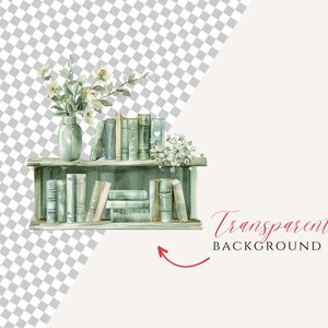 K&ouml;nnte beinhalten: Eine Aquarell-Illustration eines B&uuml;cherregals mit einer Blumenvase. Das B&uuml;cherregal ist mit B&uuml;chern gef&uuml;llt und hat eine hellgr&uuml;ne Oberfl&auml;che. Die Vase ist hellblau und hat ein schlichtes Design. Die Blumen sind wei&szlig; und haben ein zartes Aussehen.