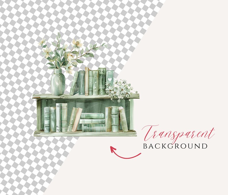 K&ouml;nnte beinhalten: Eine Aquarell-Illustration eines B&uuml;cherregals mit einer Blumenvase. Das B&uuml;cherregal ist mit B&uuml;chern gef&uuml;llt und hat eine hellgr&uuml;ne Oberfl&auml;che. Die Vase ist hellblau und hat ein schlichtes Design. Die Blumen sind wei&szlig; und haben ein zartes Aussehen.