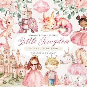 Pink Princess Watercolor Clipart Bundle, Castle Clipart Little Kingdom, Cute Princess PNG Dragon Clipart, Little Prince Clipart, Unicorn PNG