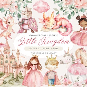 Bundle de cliparts princesse rose, château de princesse Clipart petit royaume, petite princesse PNG Clipart Dragon, clipart prince mignon, licorne PNG