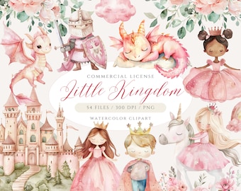 Watercolor Pink Princess Clipart Bundle: Castle, Dragon, Unicorn (PNG Digital Download)