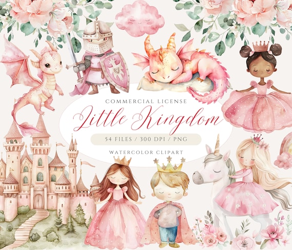 Watercolor Pink Princess Clipart Bundle: Castle, Dragon, Unicorn (PNG Digital Download)