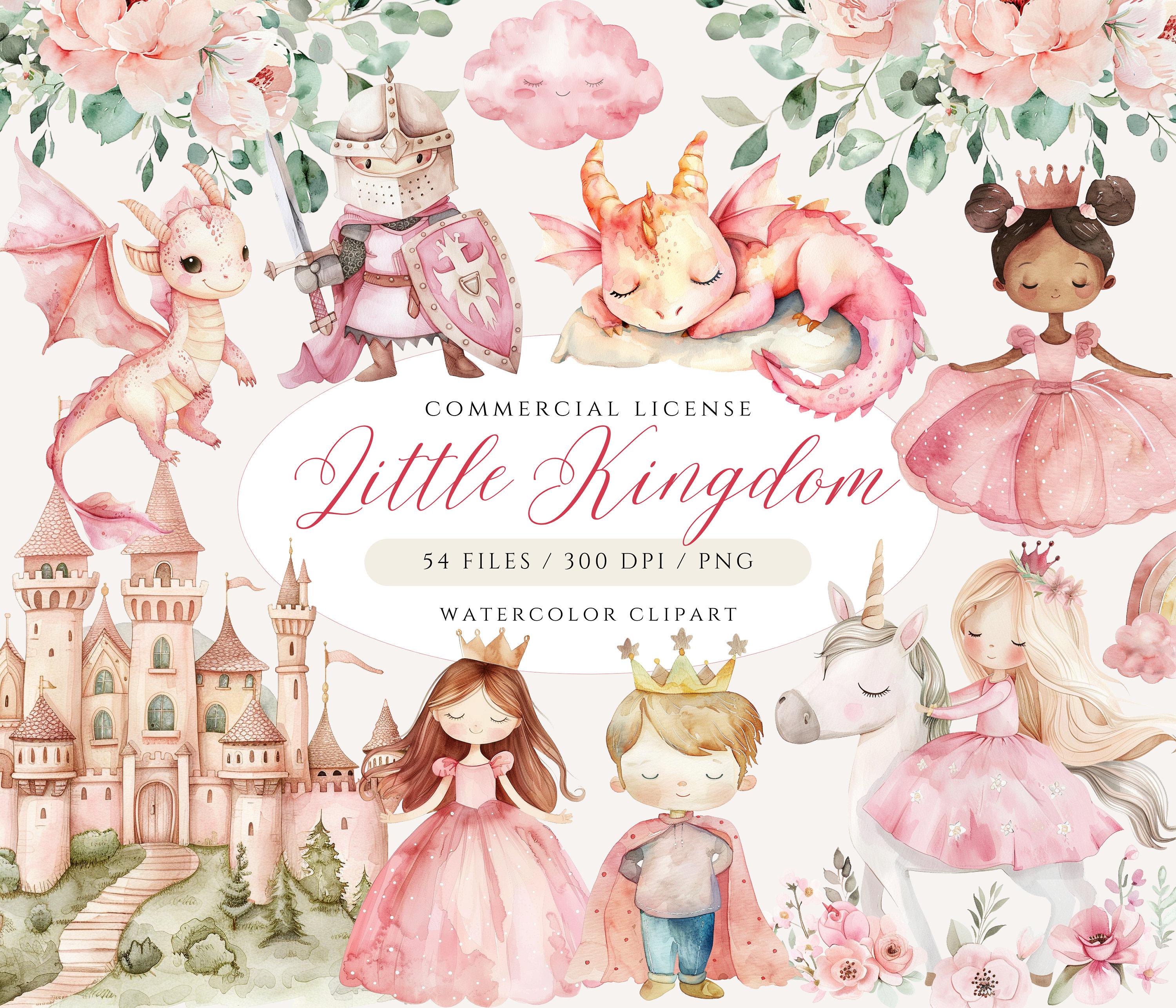 Watercolor Pink Princess Clipart Bundle: Castle, Dragon, Unicorn (PNG ...