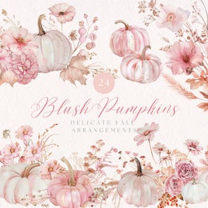 Clipart floral citrouille rose poudré, Clipart aquarelle automne, fleurs d'automne, fleurs séchées roses, citrouille rose PNG, feuille d'érable, automne girly bohème