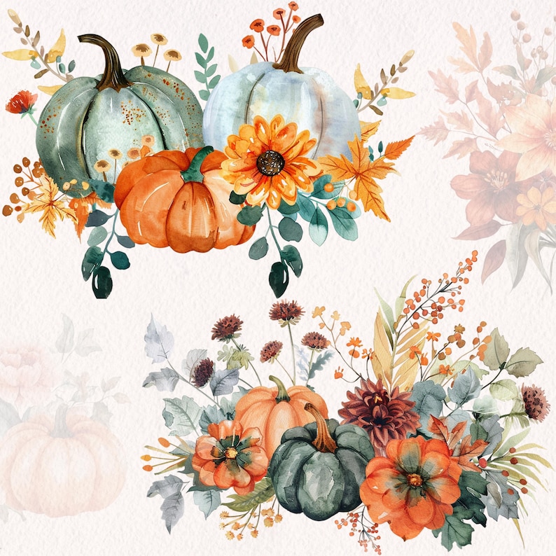 Watercolor Autumn Clipart: Moody Pumpkins and Flowers (PNG Digital ...