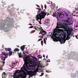 May include: A watercolor painting of a bouquet of purple and pink roses with green leaves. The roses are arranged in a cluster, with the purple roses in the center and the pink roses around the edges. The leaves are green and have a delicate texture.
