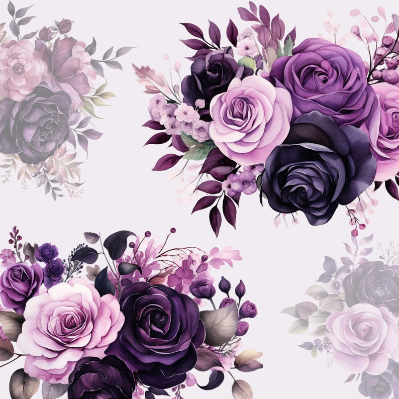 May include: A watercolor painting of a bouquet of purple and pink roses with green leaves. The roses are arranged in a cluster, with the purple roses in the center and the pink roses around the edges. The leaves are green and have a delicate texture.
