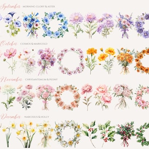 May include: Watercolor illustrations of flowers and wreaths for each month of the year. September features morning glory and aster, October features cosmos and marigold, November features chrysanthemum and peony, and December features narcissus and holly.