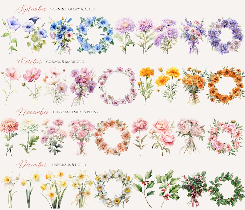 May include: Watercolor illustrations of flowers and wreaths for each month of the year. September features morning glory and aster, October features cosmos and marigold, November features chrysanthemum and peony, and December features narcissus and holly.