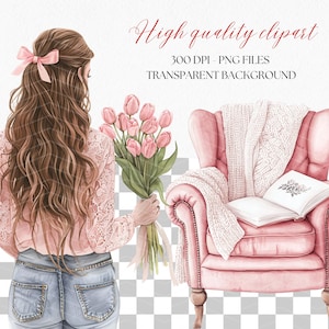 May include: A watercolor illustration of a woman with long brown hair wearing a pink lace top and blue jeans. She is holding a bouquet of pink flowers. In the background, there is a pink armchair with a white knitted throw and a book on it.