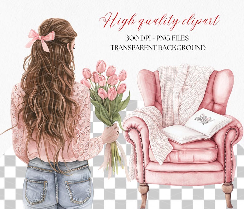 May include: A watercolor illustration of a woman with long brown hair wearing a pink lace top and blue jeans. She is holding a bouquet of pink flowers. In the background, there is a pink armchair with a white knitted throw and a book on it.