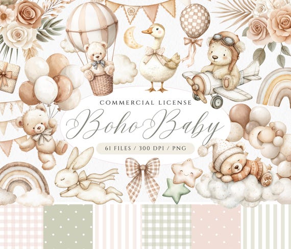 Watercolor Boho Baby Shower Clipart: Teddy Bear, Bunny, Patterns