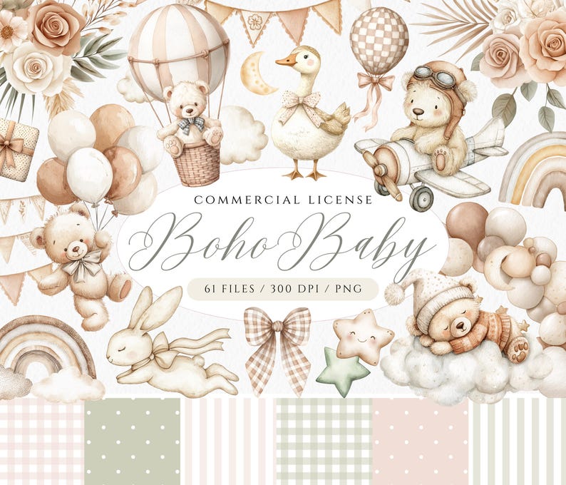 May include: A set of watercolor illustrations featuring a boho baby theme. The illustrations include a hot air balloon, a teddy bear, a bunny rabbit, a goose, a star, a bow, and a cloud. The illustrations are in shades of brown, beige, and white.