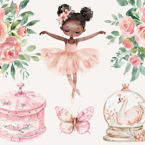 May include: A watercolor illustration of a ballerina with brown skin, wearing a pink tutu and a floral crown. The ballerina is surrounded by pink flowers, a butterfly, a music box, and a snow globe with a swan.