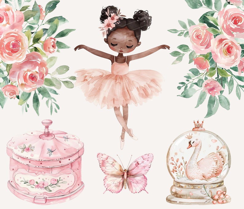 May include: A watercolor illustration of a ballerina with brown skin, wearing a pink tutu and a floral crown. The ballerina is surrounded by pink flowers, a butterfly, a music box, and a snow globe with a swan.