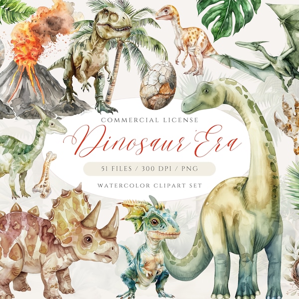 Watercolor Dinosaur Clipart Bundle, Cute Dino Clip Art, Dinosaur Birthday, Dinosaur Nursery Art, Dinosaur PNG, Triceratops, T-Rex, Dino PNG