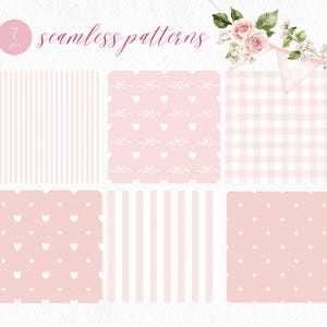 Puede incluir: Siete patrones sin costuras en tonos rosa y blanco. Los dise&ntilde;os incluyen rayas, corazones, lazos, cuadros y lunares. El texto "seamless patterns" est&aacute; escrito en cursiva. Acentos florales y de banner en la esquina superior derecha.