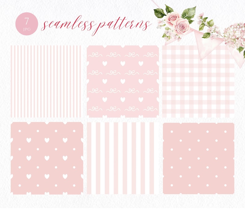 Puede incluir: Siete patrones sin costuras en tonos rosa y blanco. Los dise&ntilde;os incluyen rayas, corazones, lazos, cuadros y lunares. El texto "seamless patterns" est&aacute; escrito en cursiva. Acentos florales y de banner en la esquina superior derecha.