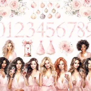 May include: A watercolour illustration of nine pink numbers, 0 through 9, with a pink hourglass, two pink party hats, a pink flower, and eight women in pink dresses holding glasses of champagne and sparklers.