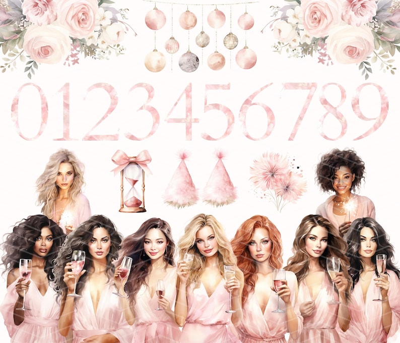 May include: A watercolour illustration of nine pink numbers, 0 through 9, with a pink hourglass, two pink party hats, a pink flower, and eight women in pink dresses holding glasses of champagne and sparklers.