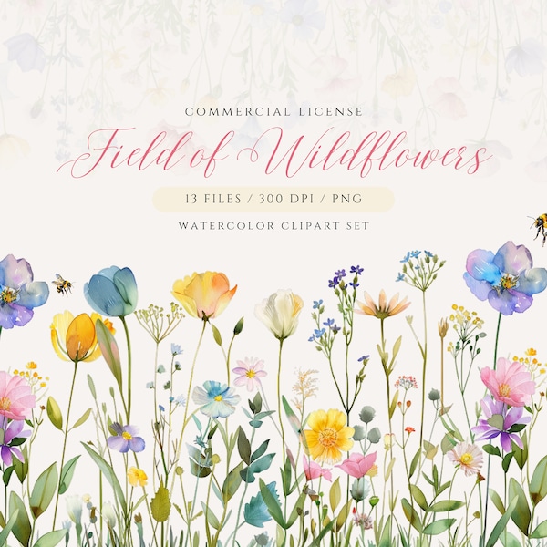 Watercolor Wildflower Clipart, Pastel Wildflower PNG, Wildflower Border, Wedding Clipart, Wildflower Bouquet, Spring Flowers Clipart, Wild