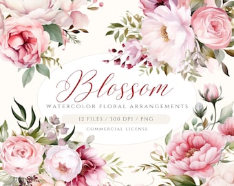 Puede incluir: Arreglos florales de acuarela en tonos rosa y blanco con hojas verdes. El texto "Blossom Watercolor Floral Arrangements 12 Files / 300 DPI / PNG Commercial License" se muestra en un fondo ovalado blanco.